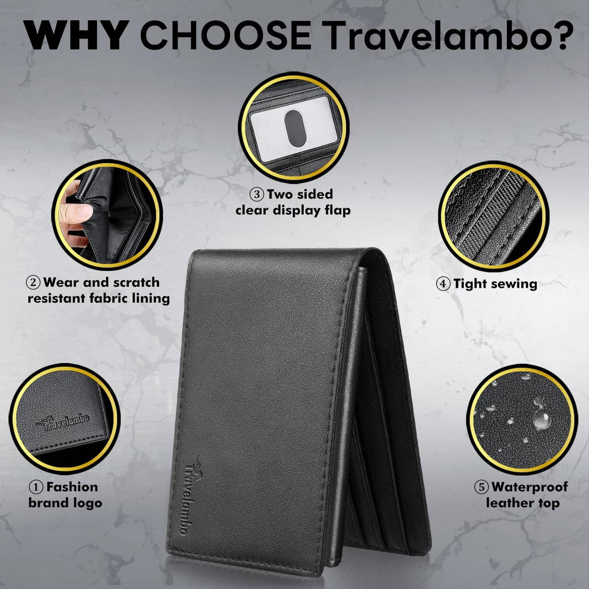 Men's dark bifold leather wallet, front view with stitched texture, Travelambo logo