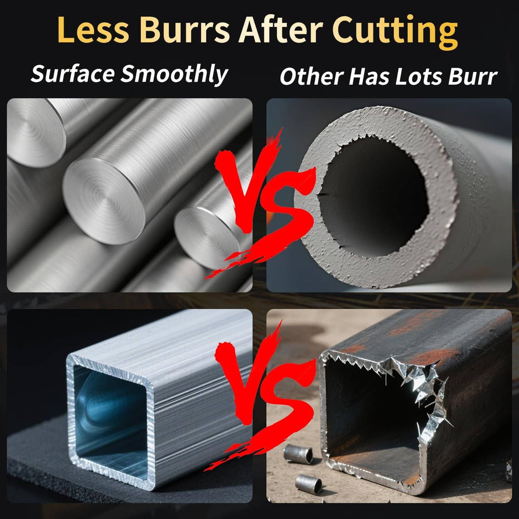 Metal cutting wheel edge comparison: smooth cuts vs burred cuts on steel tubes