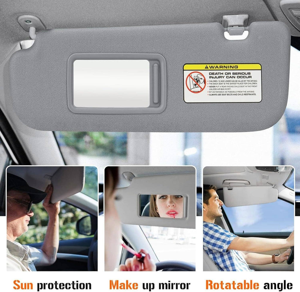 Gray sun visor with rectangular mirror window and warning label, installed with use scenes