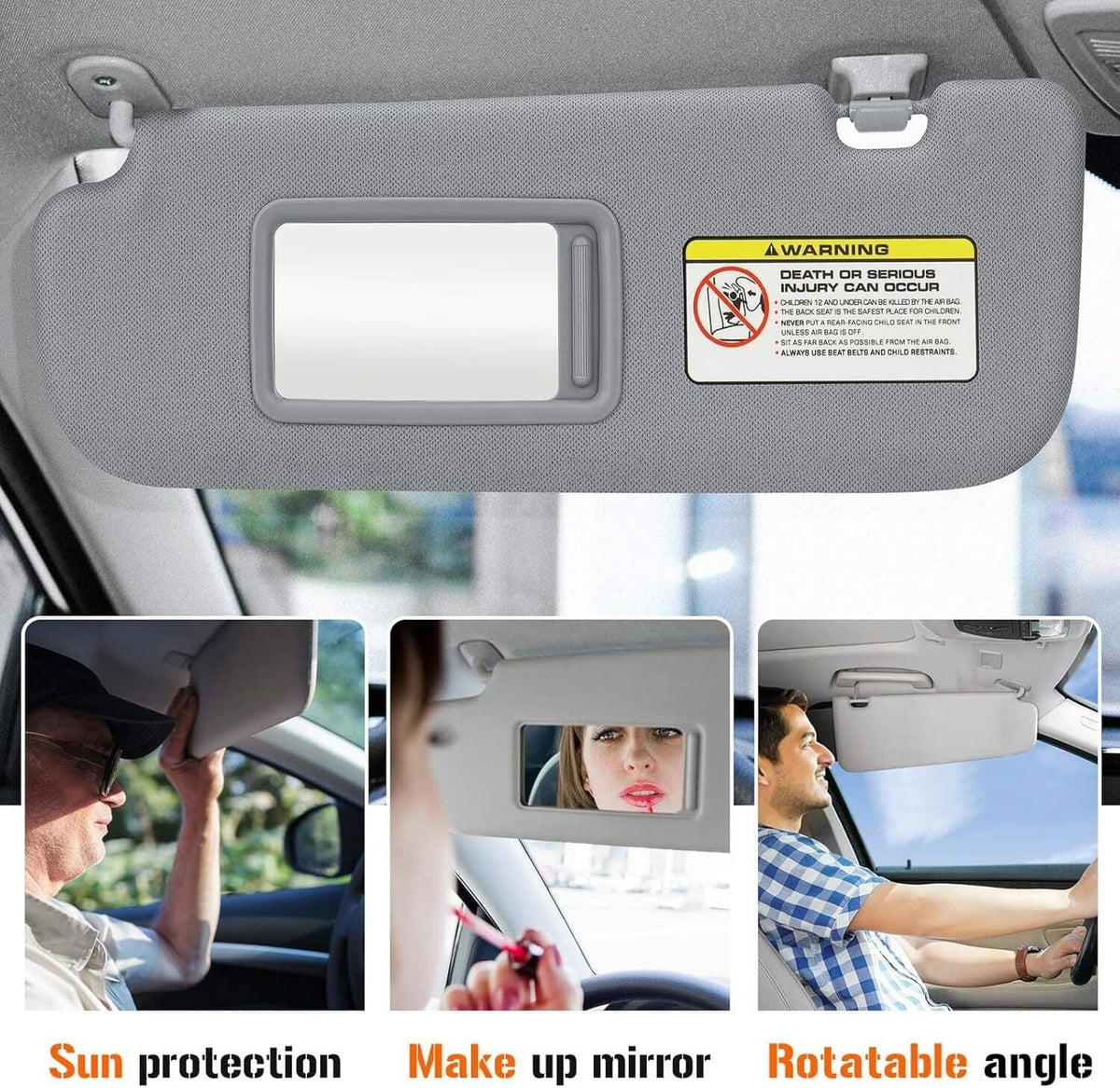 Gray sun visor with rectangular mirror window and warning label, installed with use scenes