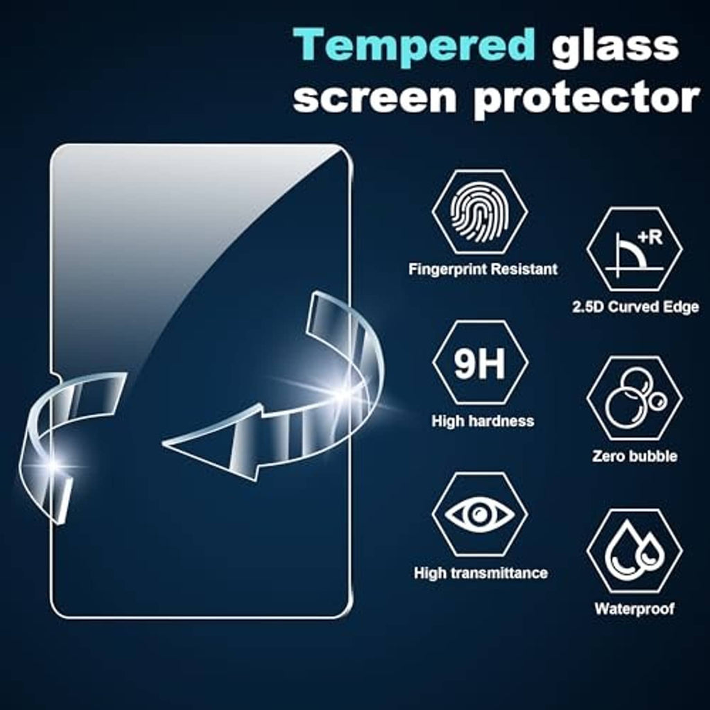 Tempered glass screen protector infographic with 9H, fingerprint, and 2.5D edge