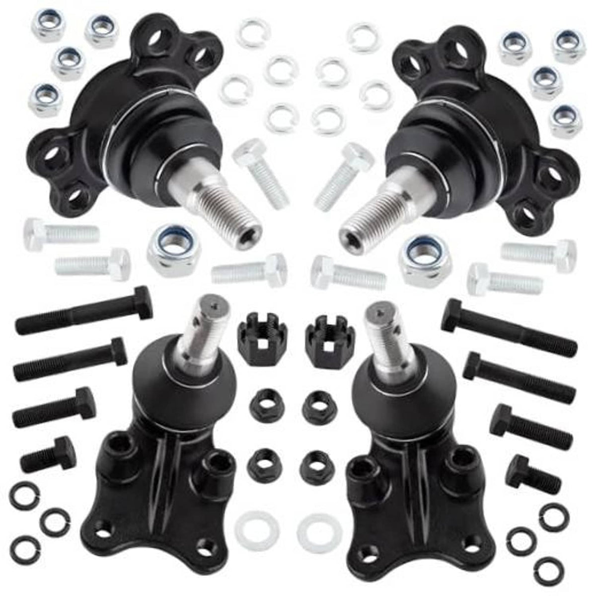 Black suspension ball joint set with threaded studs, nuts, and mounting hardware
