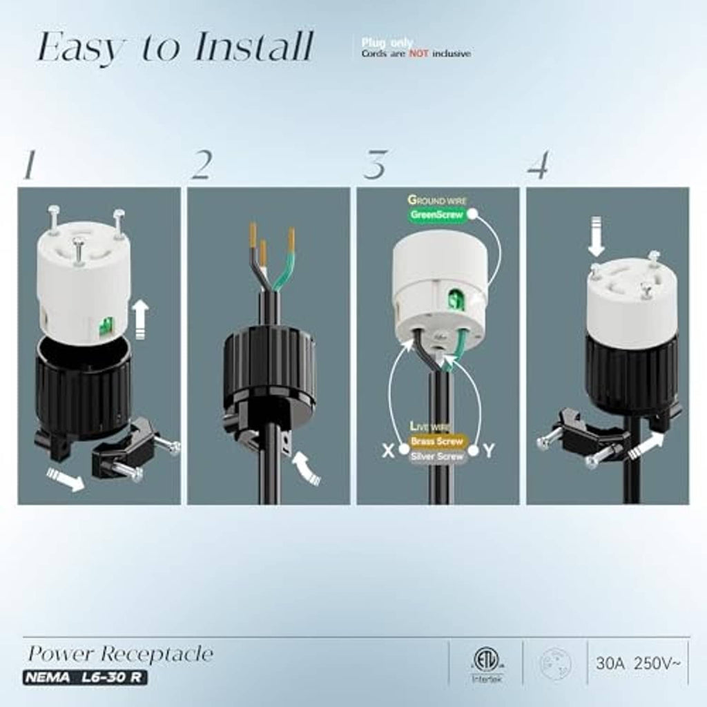 NEMA L6-30R locking plug receptacle easy-install diagram showing wiring steps