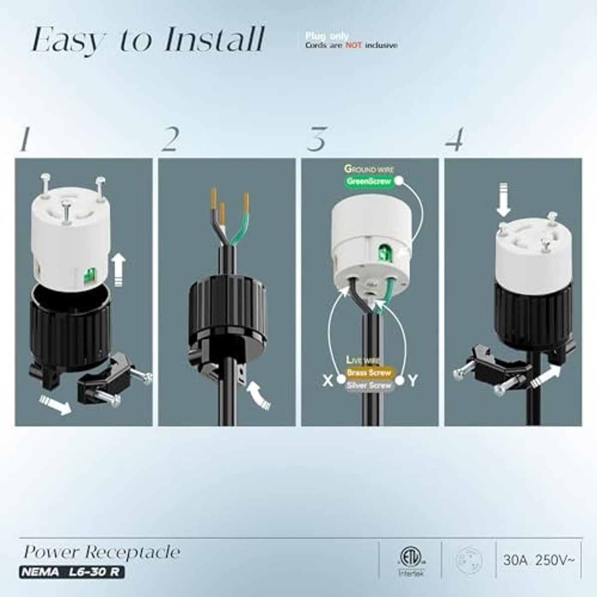 NEMA L6-30R locking plug receptacle easy-install diagram showing wiring steps