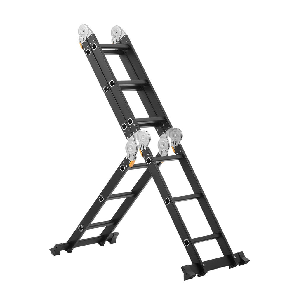 Black folding A-frame ladder with 3 steps and platform plank, adjustable hinges