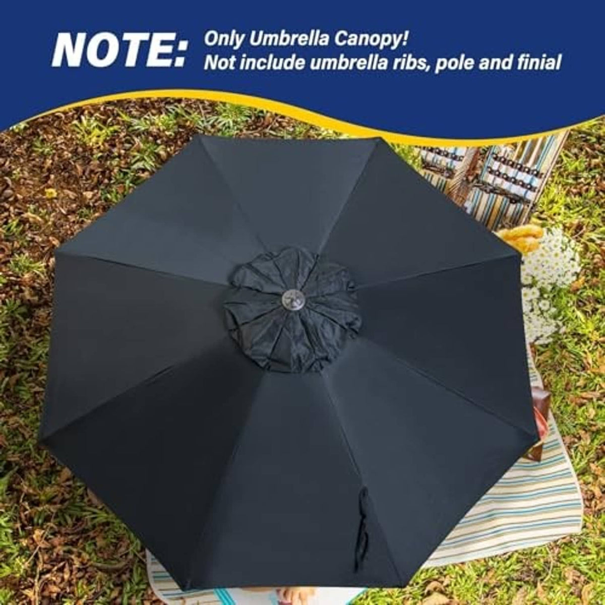 Black umbrella replacement canopy outdoors with vented gathered top and tie detail