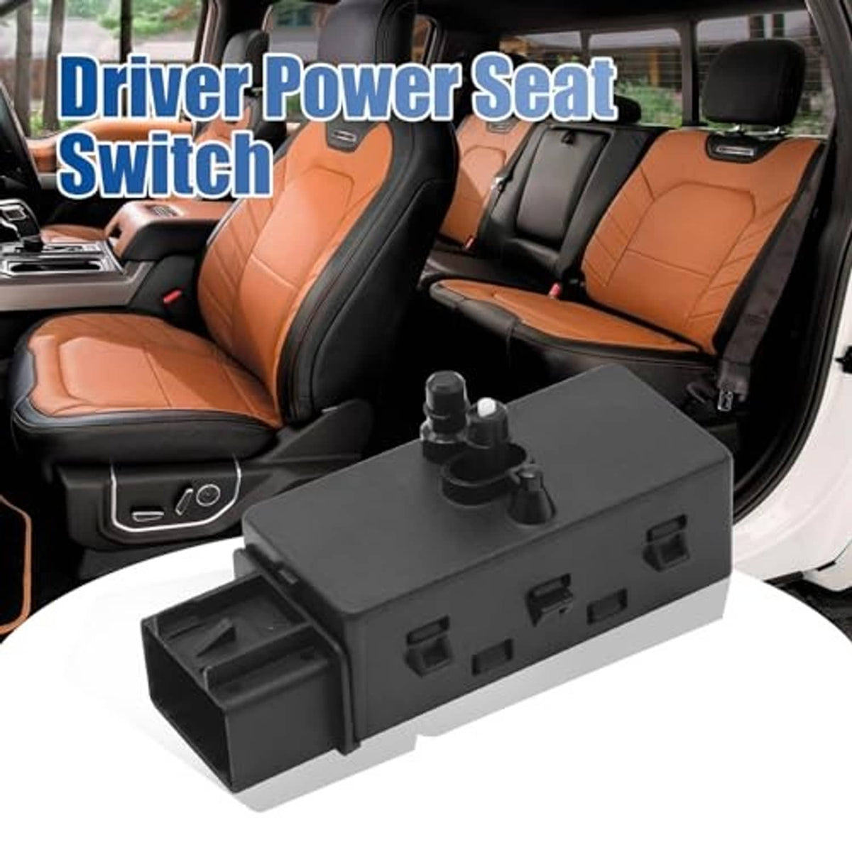 Black power seat adjuster switch on white background, top posts and side plug visible