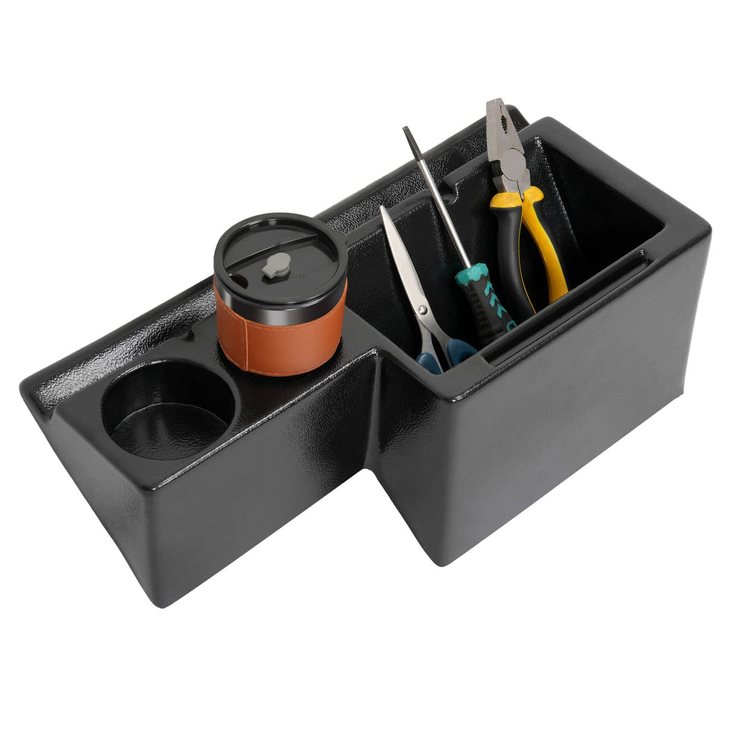 Black cab caddie with two cup holders, open organizer tray, and utensil storage slots.