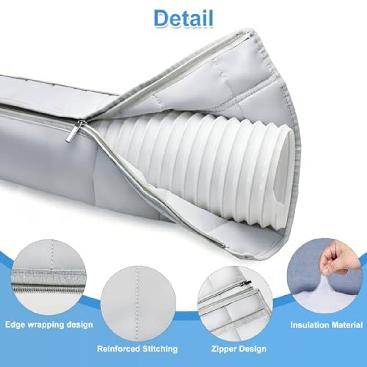 Light gray padded hose insulation cover with zipper and ribbed interior lining