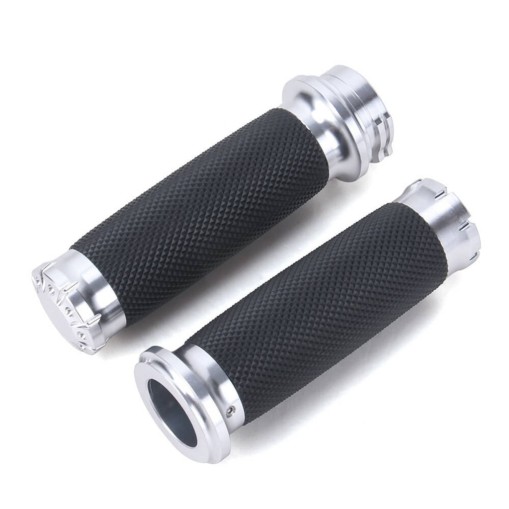 Motorcycle handlebar grips, black rubber with chrome caps and open end view