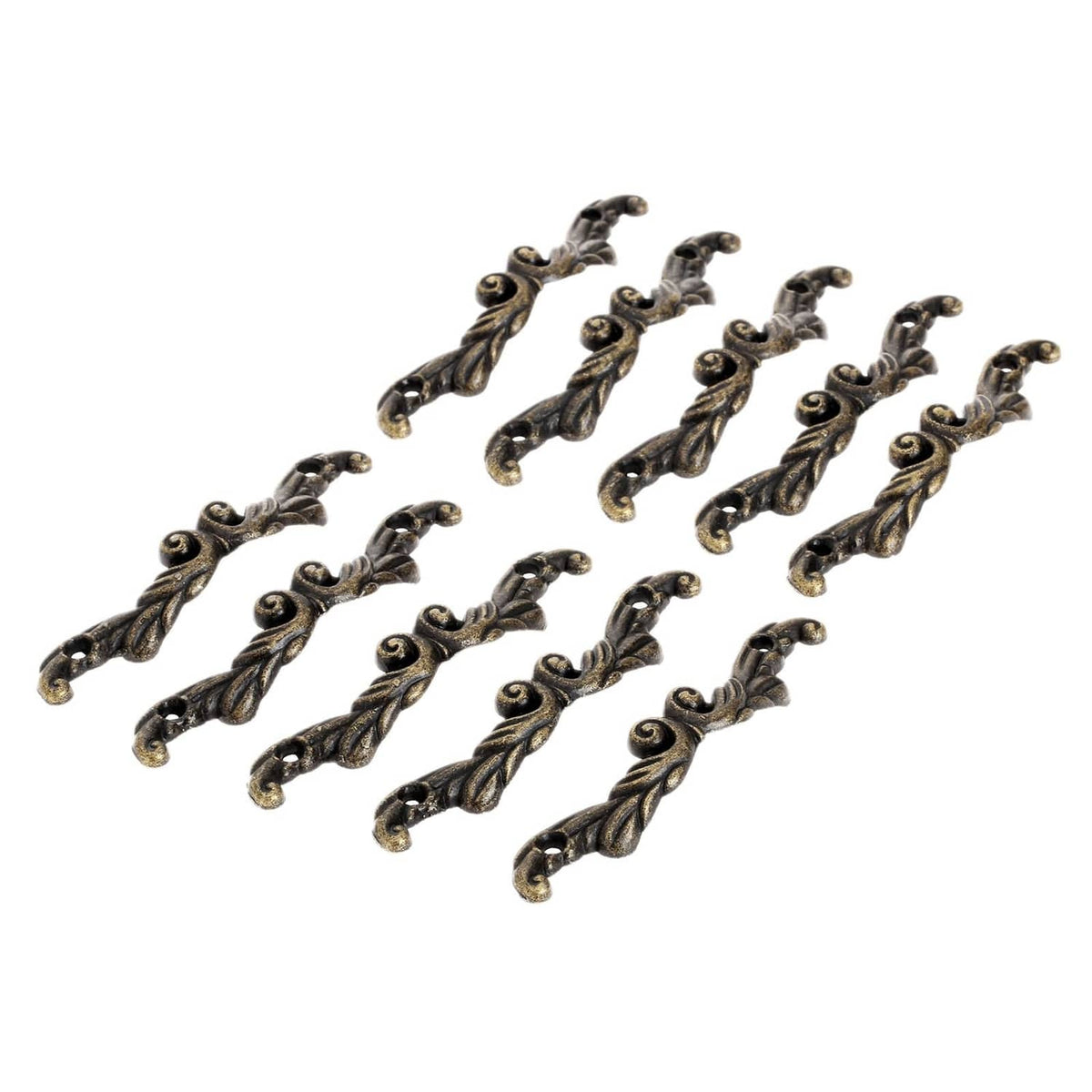 Antique-style pull handle set, dark brass with ornate scrollwork, 10 pieces
