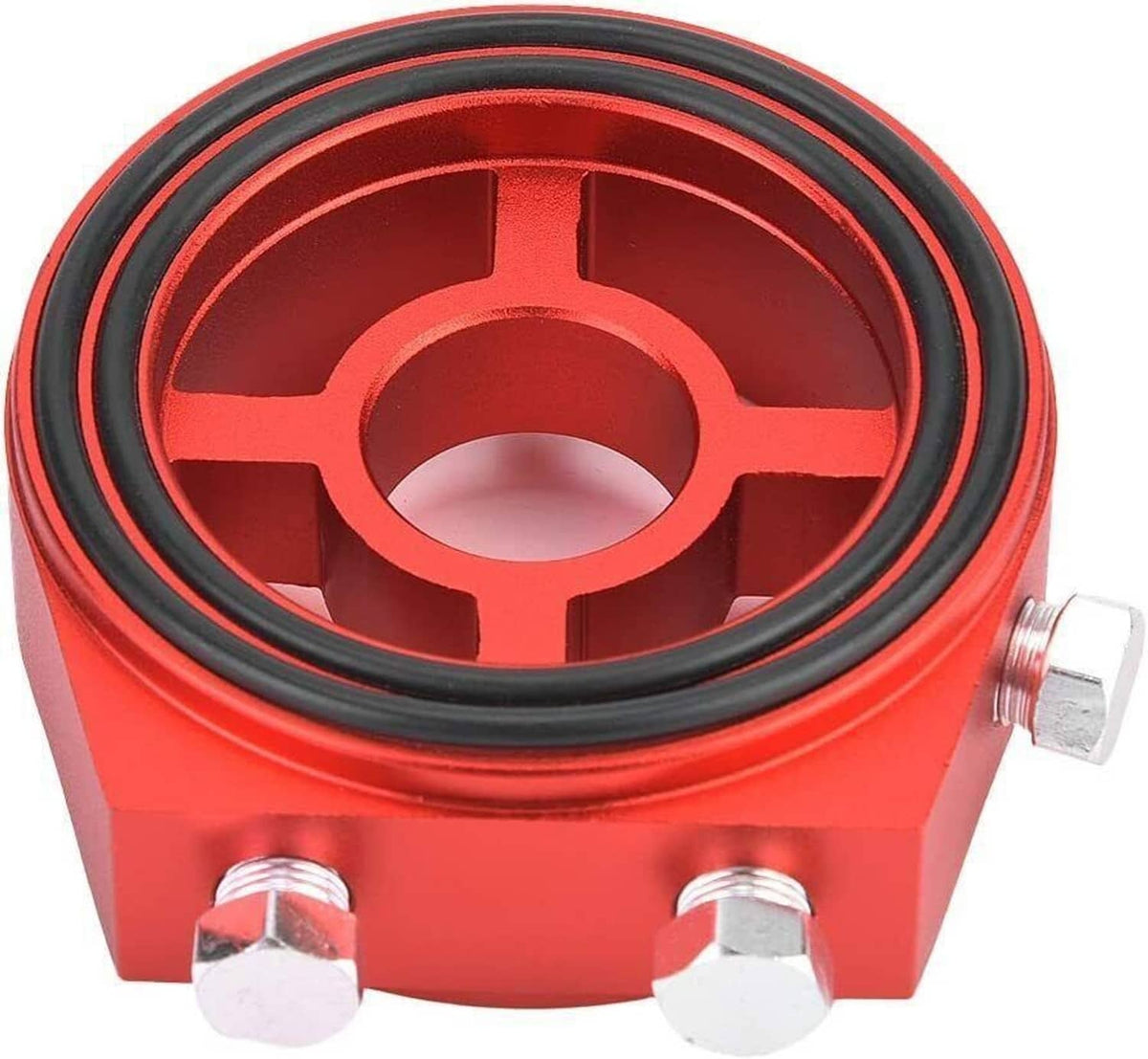 Red aluminum oil filter sandwich adapter plate with black retaining ring and side ports
