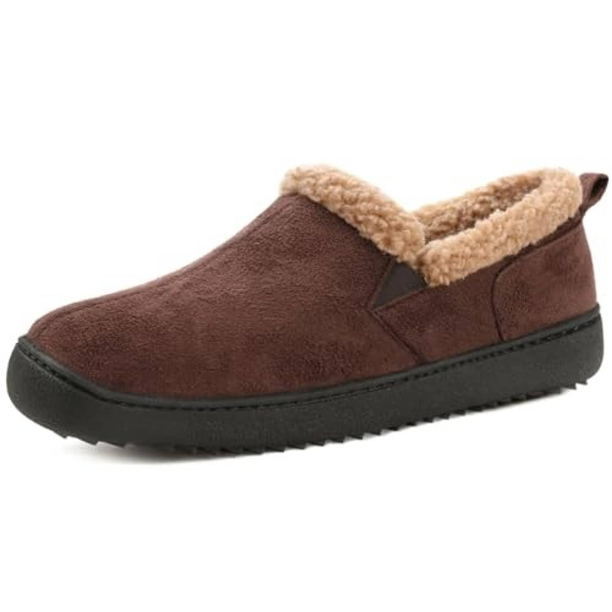 Chestnut brown suede bootie slippers with tan sherpa collar and black side sole