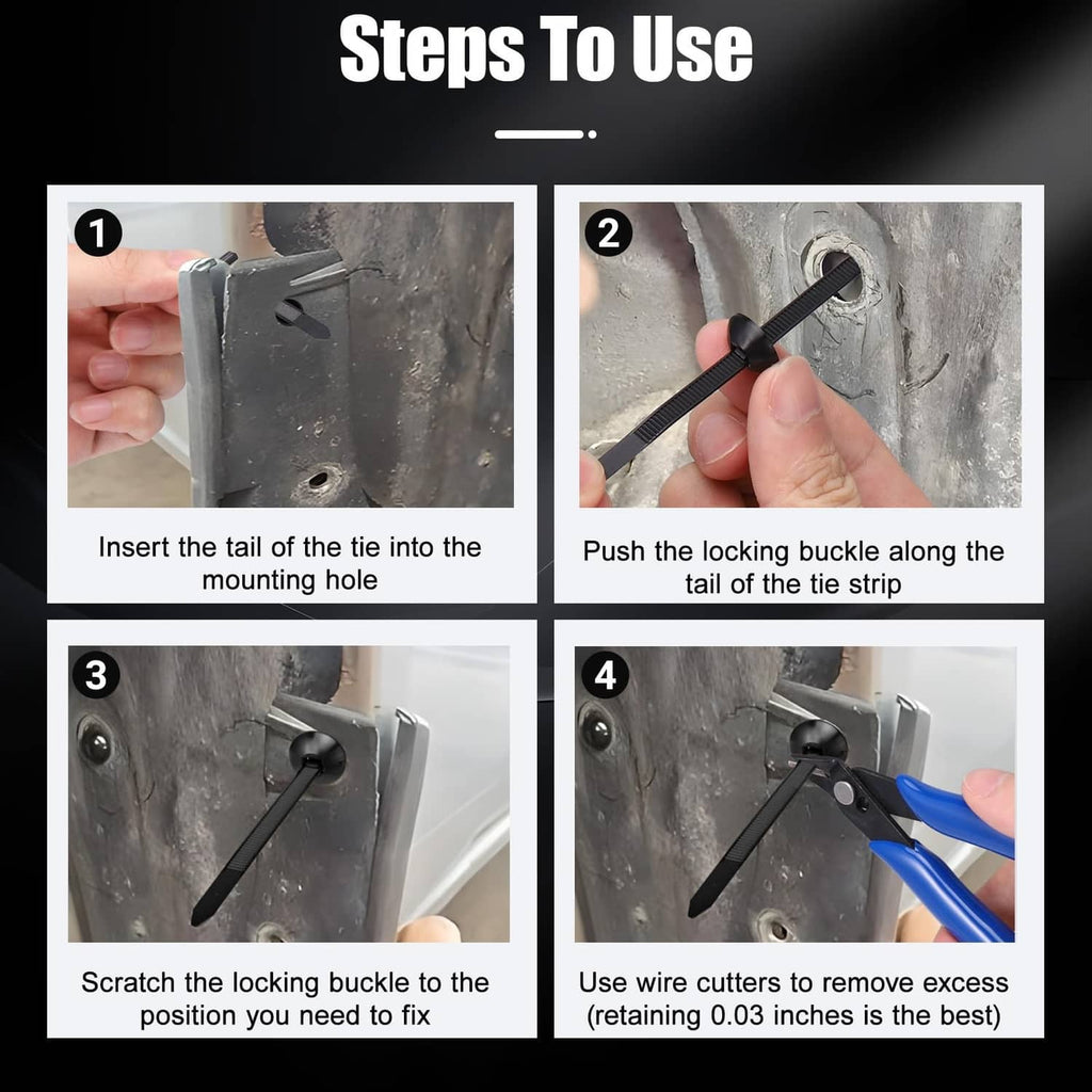 Step-by-step one-way lock cable tie installation with blue wire cutters
