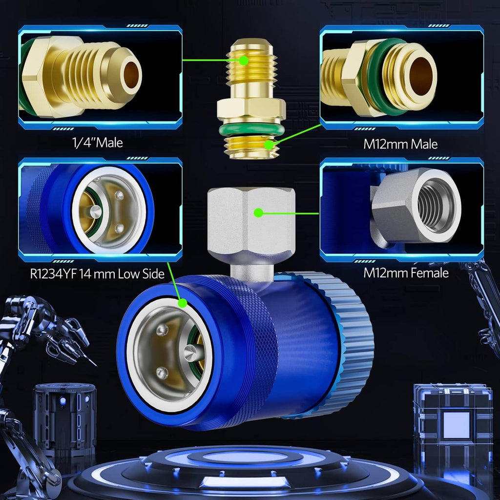 Blue and silver A/C quick coupler adapter with brass male and female port ends
