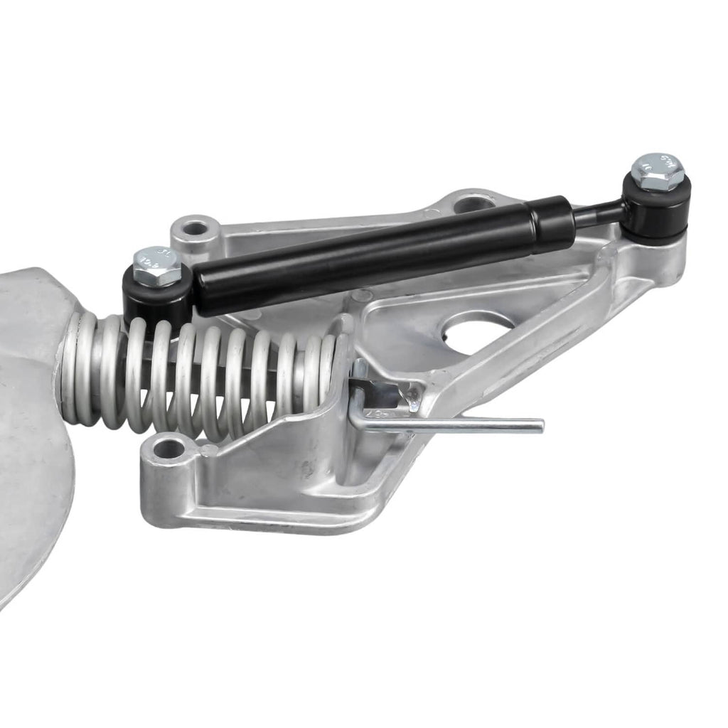 Belt tensioner with pulley wheel, coil spring, and black rod bar, silver bracket.