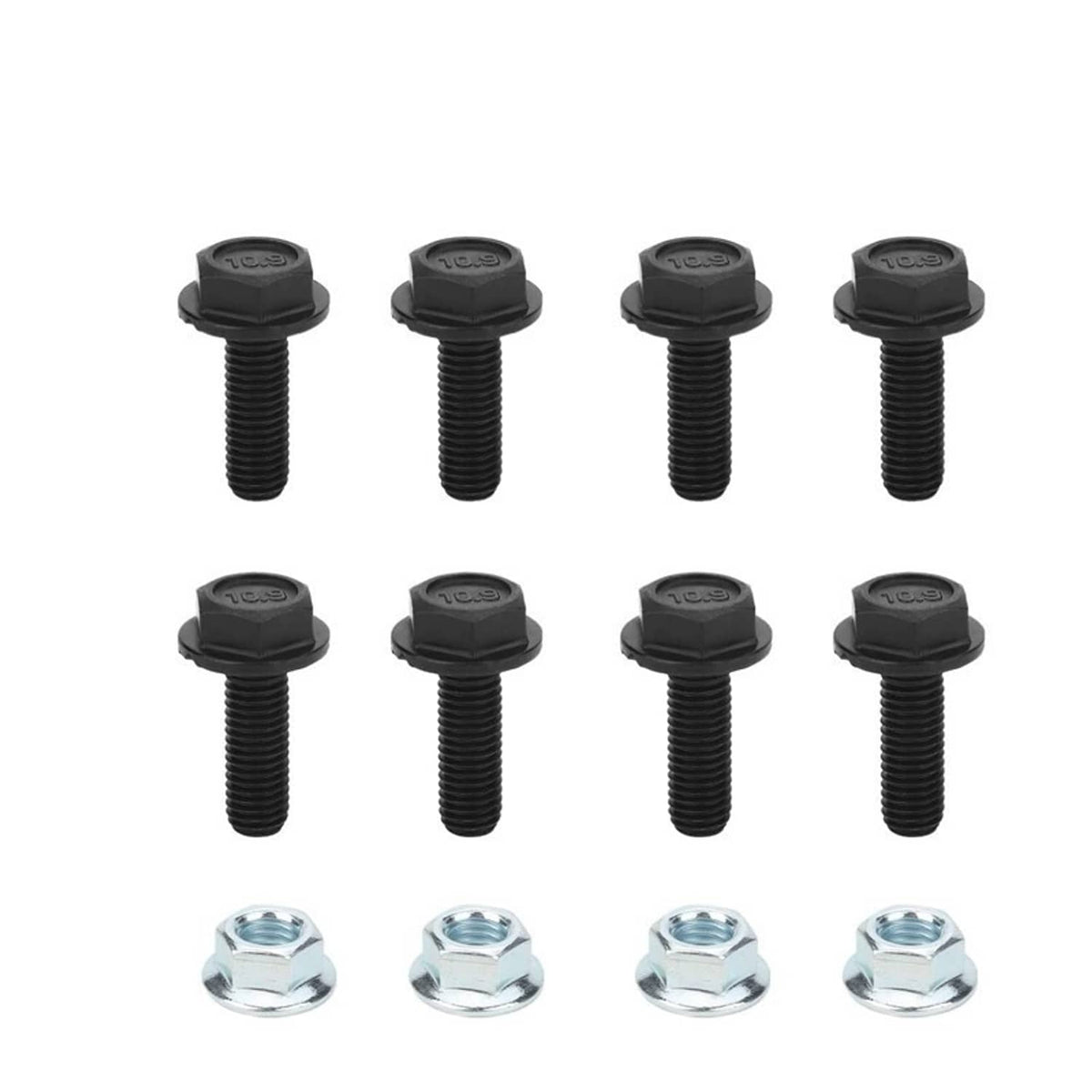 Set of black bolts with flanged heads and silver hex nuts