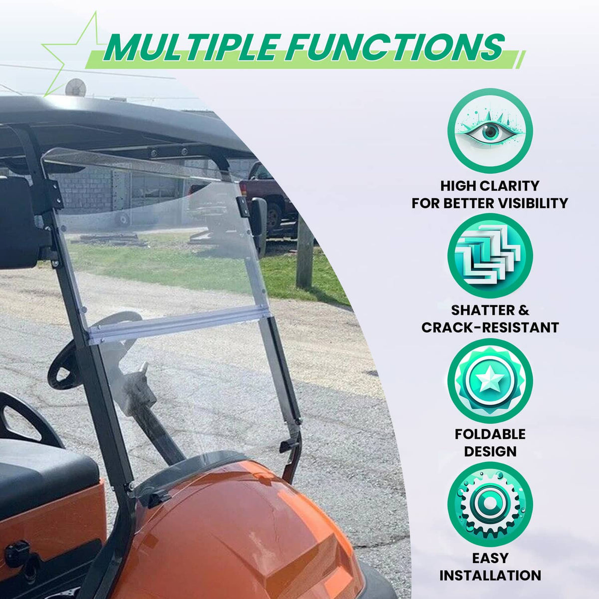 Transparent foldable windshield with black frame; high-clarity shatter resistant design
