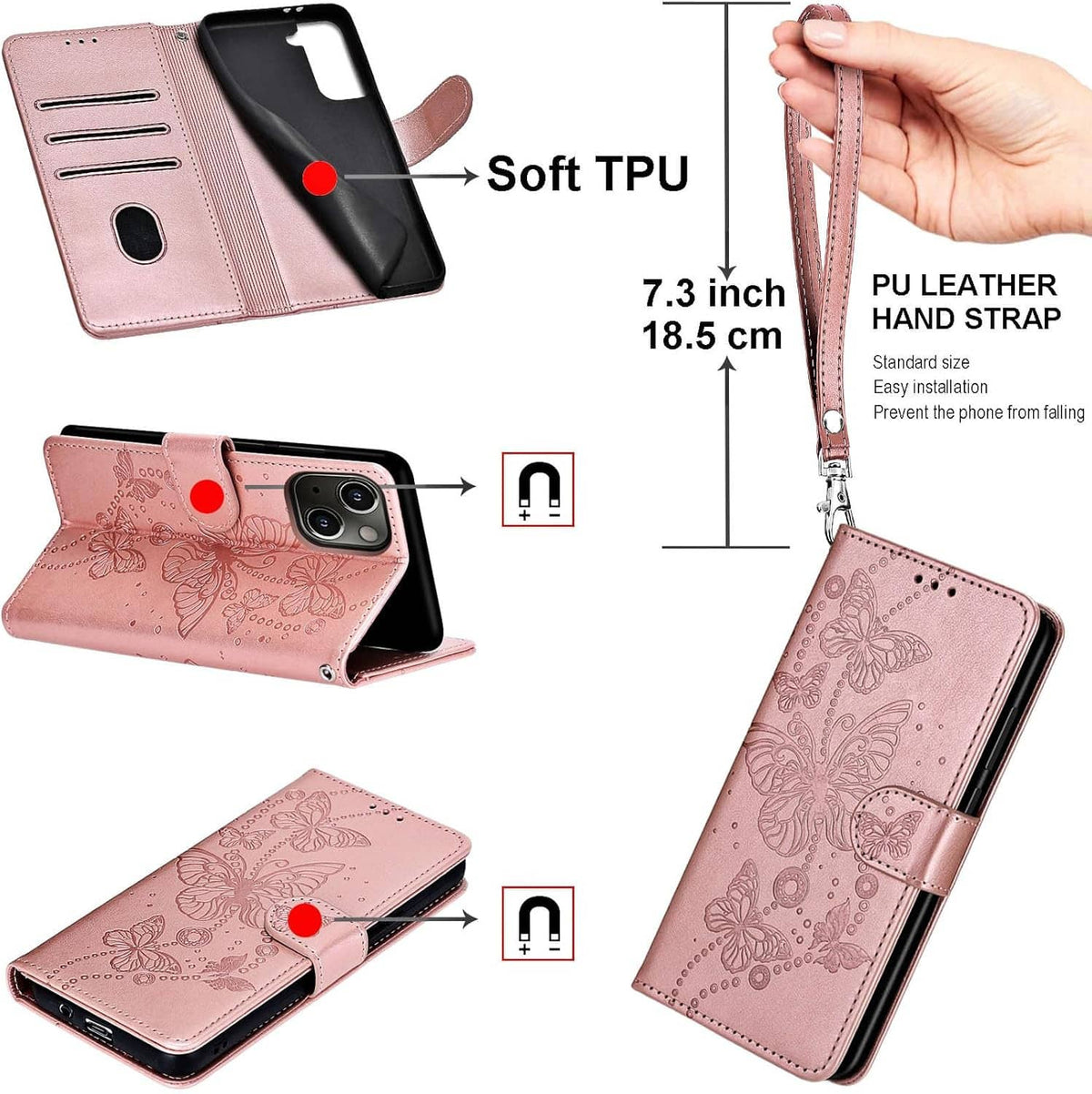 Pink folio wallet case with soft TPU, hand strap, and phone stand layout