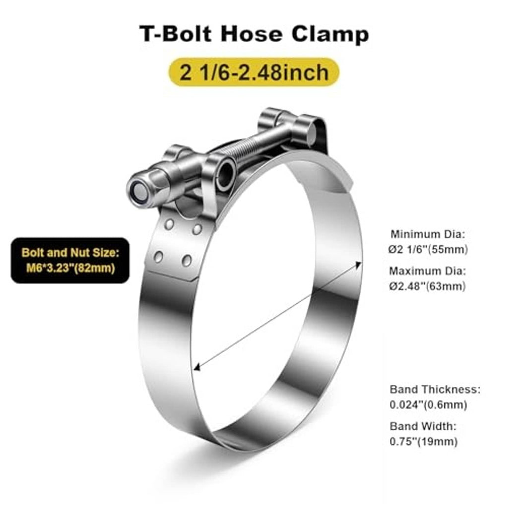 T-bolt hose clamp with 55–63 mm band size range and stainless steel strap