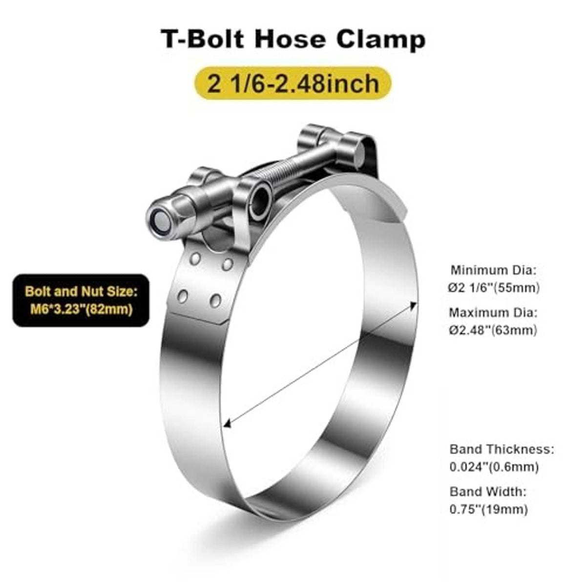T-bolt hose clamp with 55–63 mm band size range and stainless steel strap