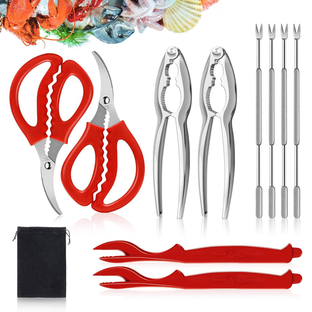 Red and stainless seafood tool set with crab crackers, leg forks, and lobster sheller