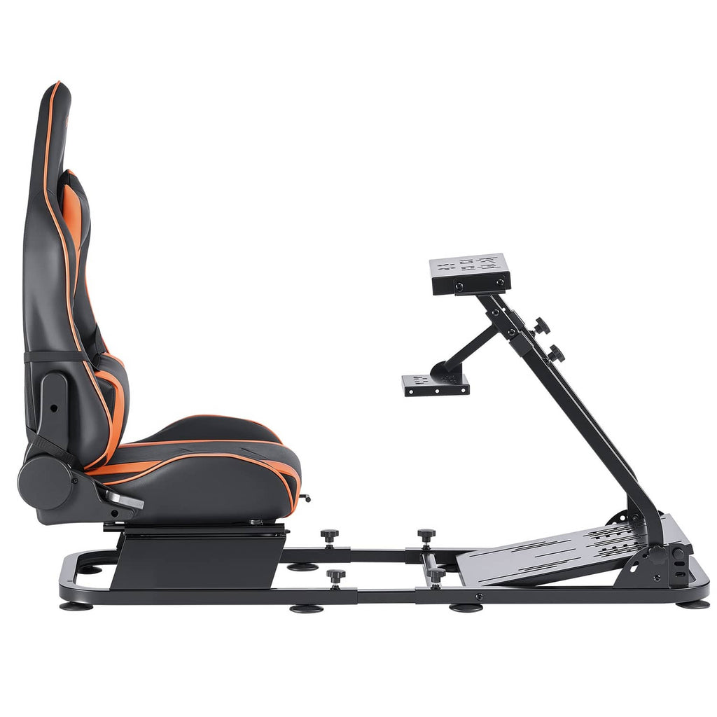 Side view of racing wheel stand with black seat base and steering mount