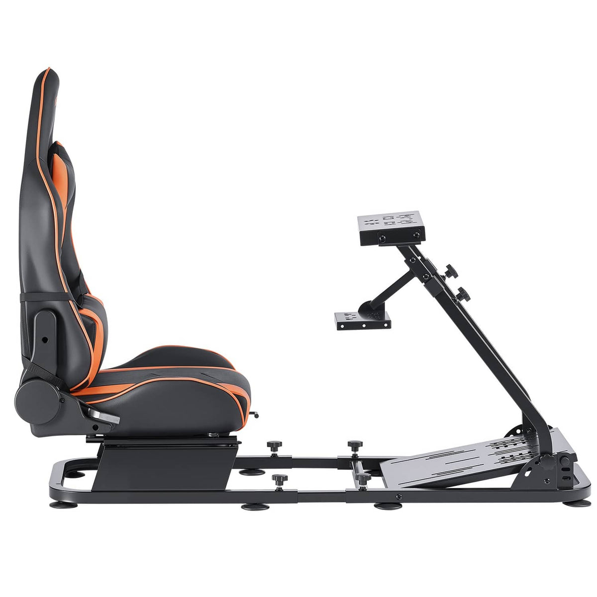 Side view of racing wheel stand with black seat base and steering mount