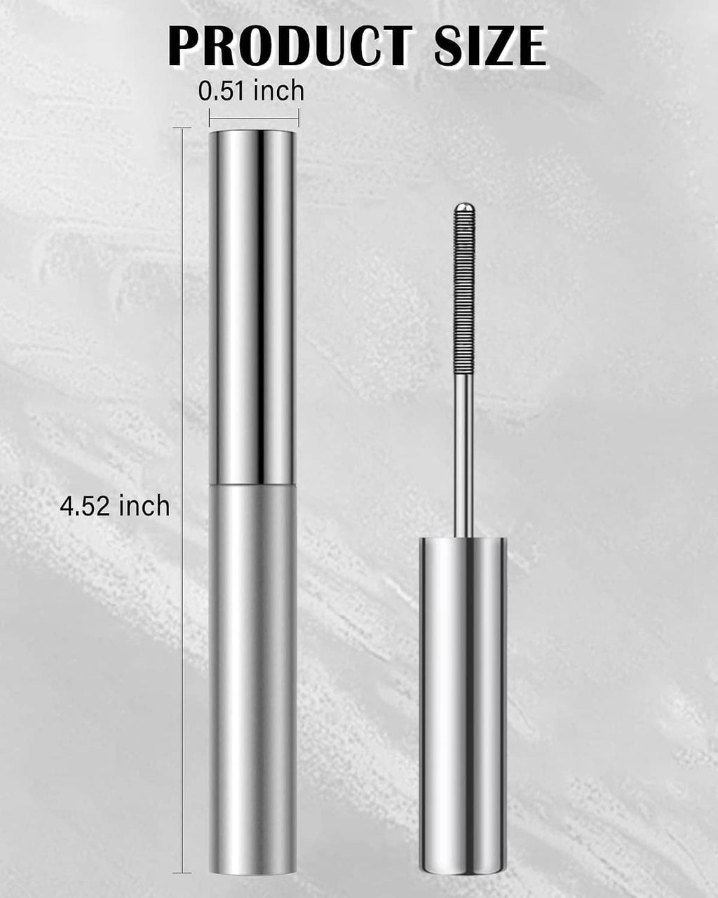 Metal rod mascara product size with silver tube dimensions and wand length diagram