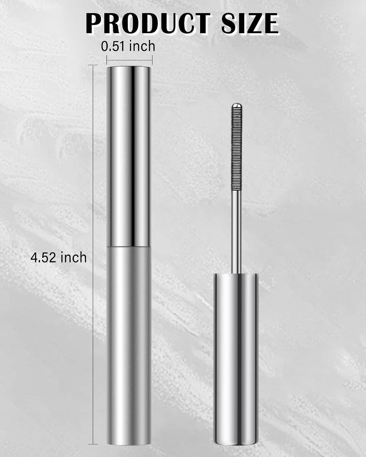 Metal rod mascara product size with silver tube dimensions and wand length diagram