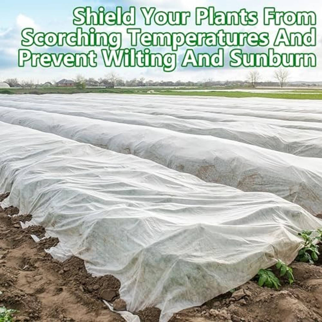 White plant cover cloth draped over garden rows for sun protection