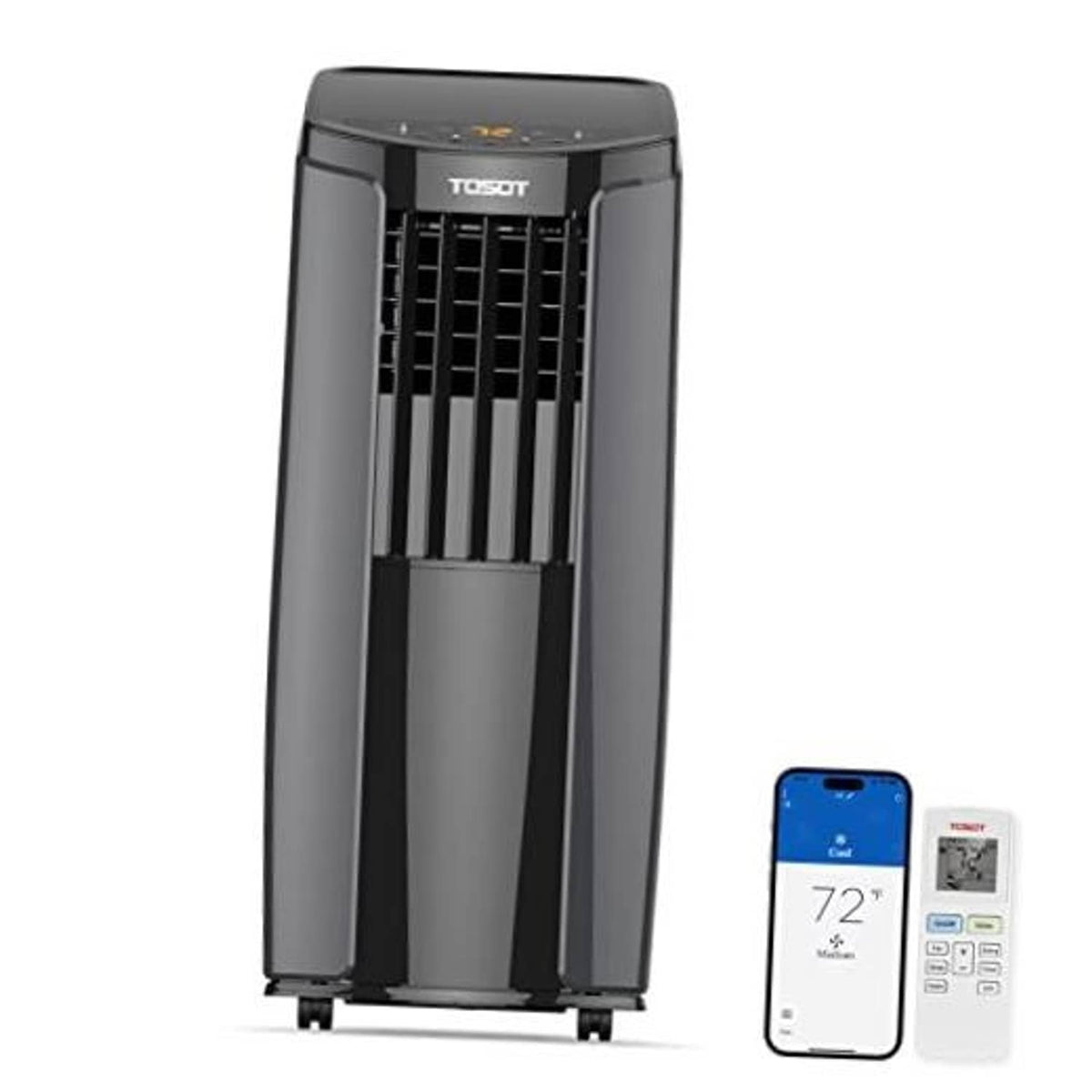 Gray portable air conditioner with front vent grille and top control panel
