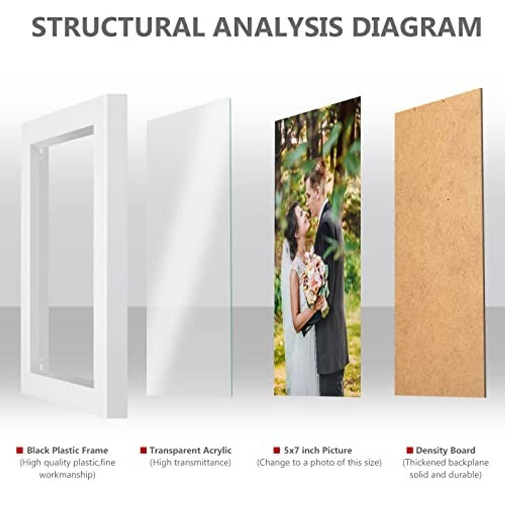 White 5x7 picture frame parts layout with frame, clear cover, and backing