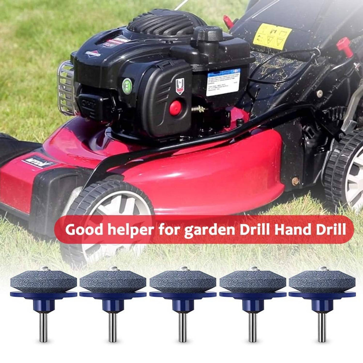 Set of dark blue lawn mower blade sharpeners with abrasive wheels and metal stems