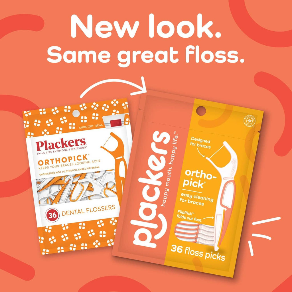 Unflavored orthodontic floss pick pouches for braces, shown as orange and yellow packs
