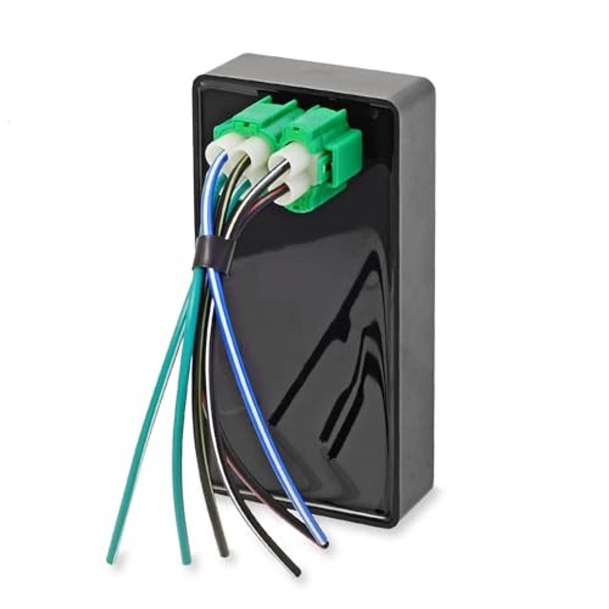 CDI ignition module in black casing with green connector and bundle of colored wires