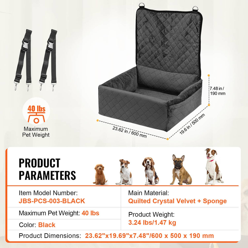 Black dog booster car seat with adjustable straps, quilted padded base, 40 lb capacity