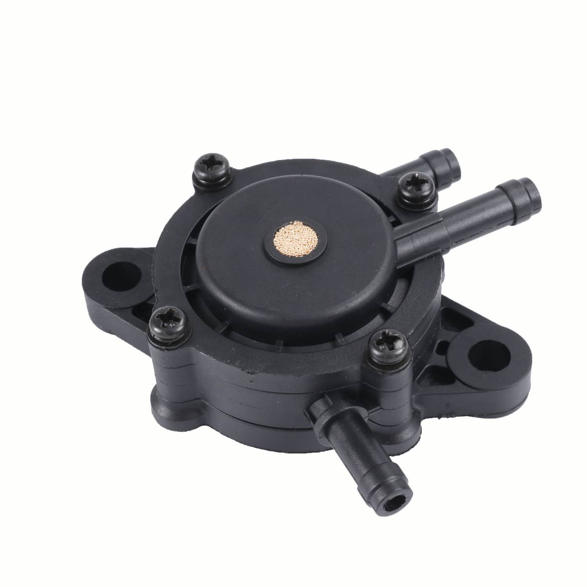 Black diaphragm fuel pump with round valve cover, copper mesh center, and connected hoses
