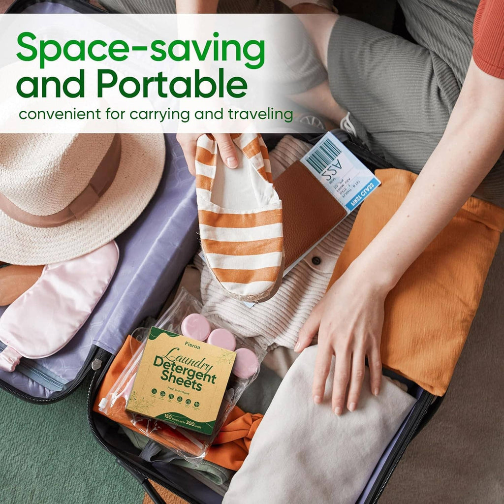Portable laundry detergent sheets packed in a space-saving travel suitcase