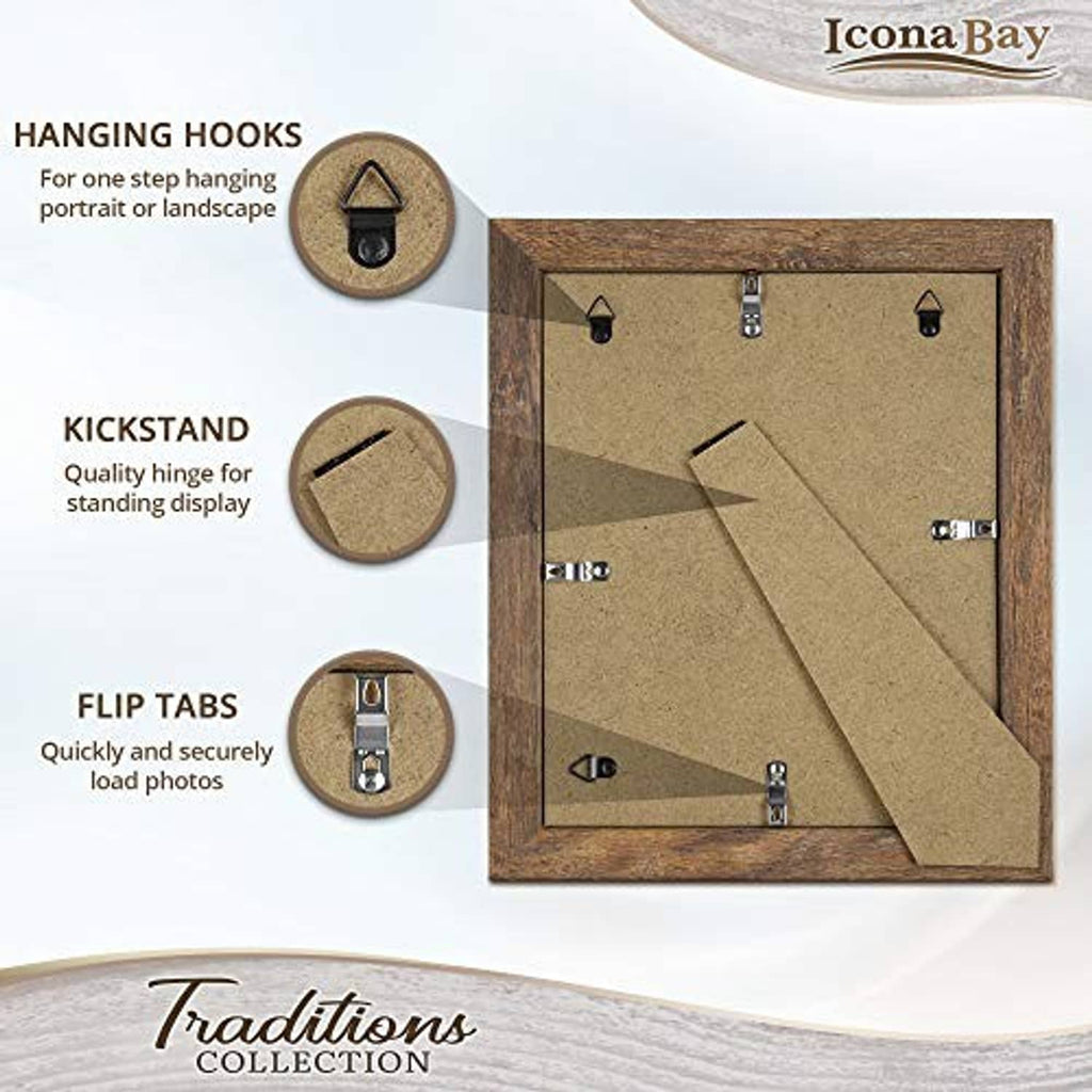 8x10 rustic wood frame back showing hanging hooks, kickstand, and flip tabs