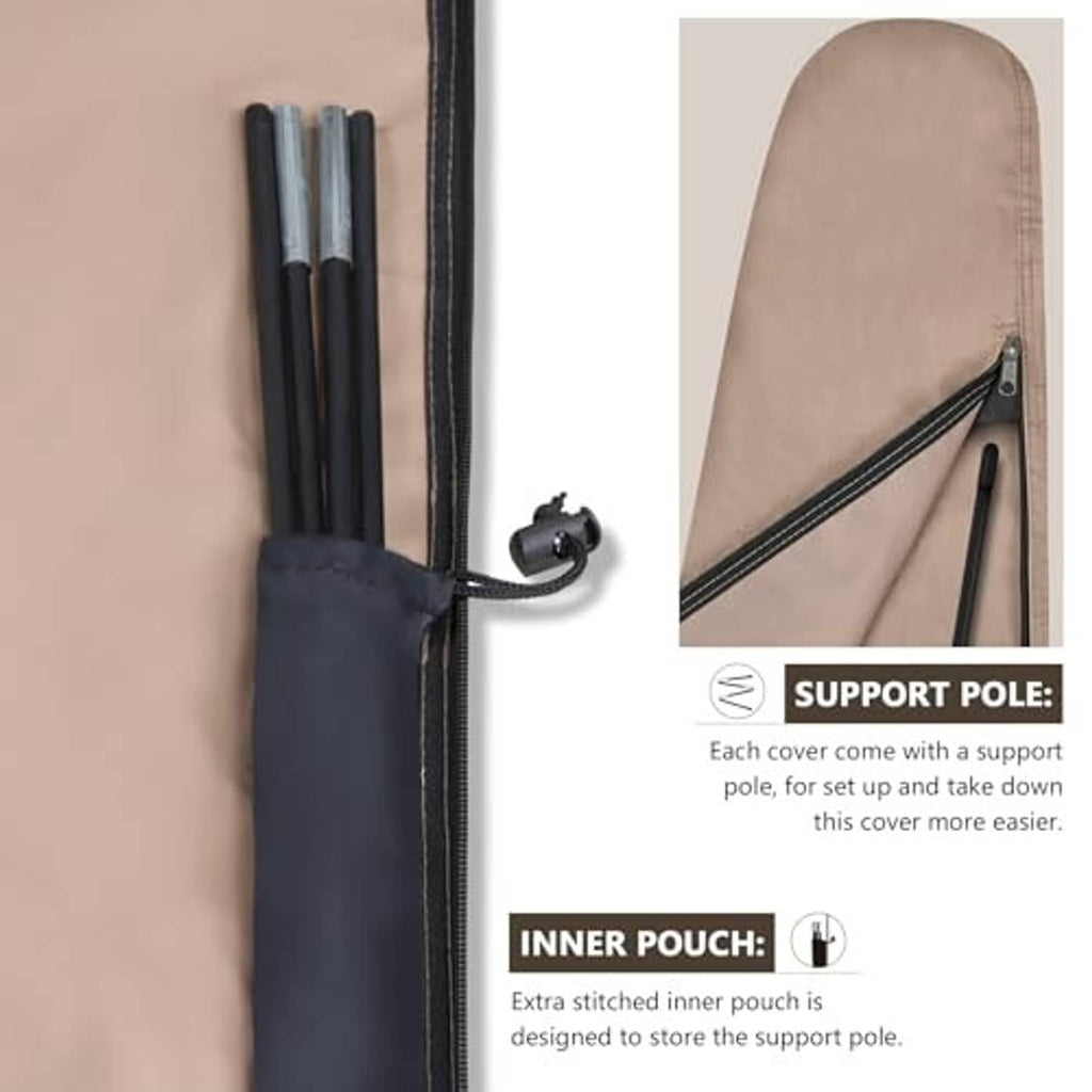 Umbrella cover with support pole attachment and inner storage pouch on the inside.