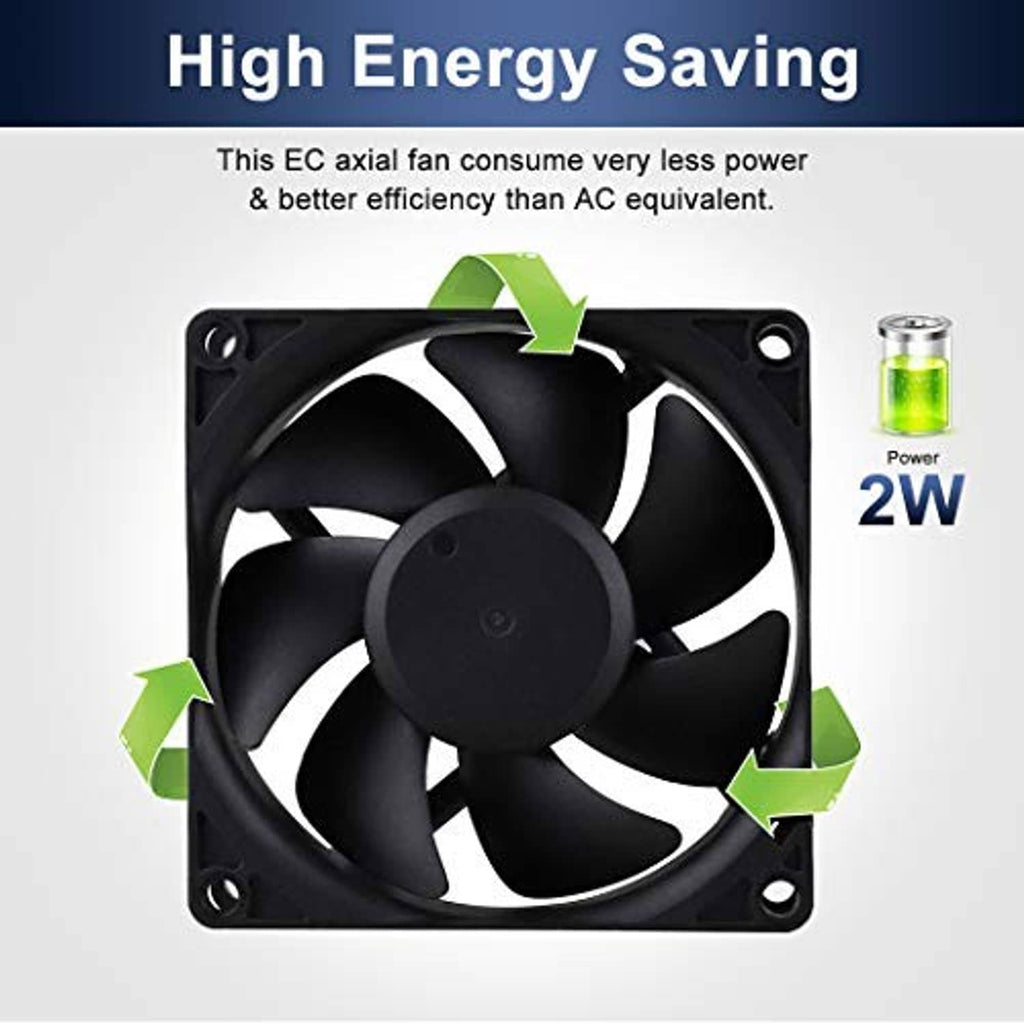 80mm axial cooling fan with energy-saving airflow arrows around black blades