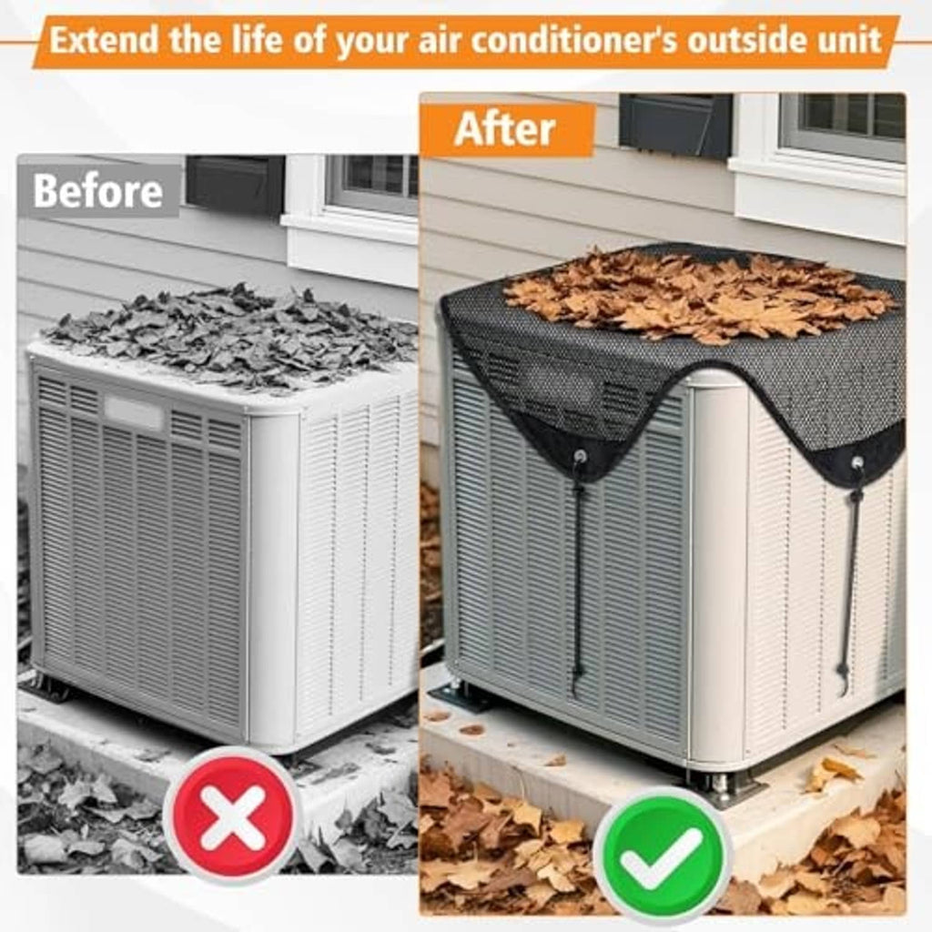 Black air conditioner cover over outdoor unit, preventing leaves from blocking the top