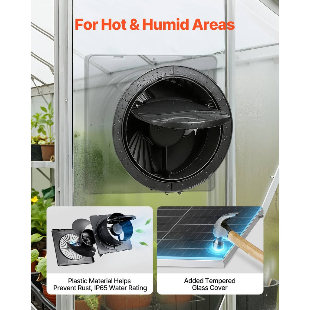 Black ventilation fan in a greenhouse window with solar panel and battery control