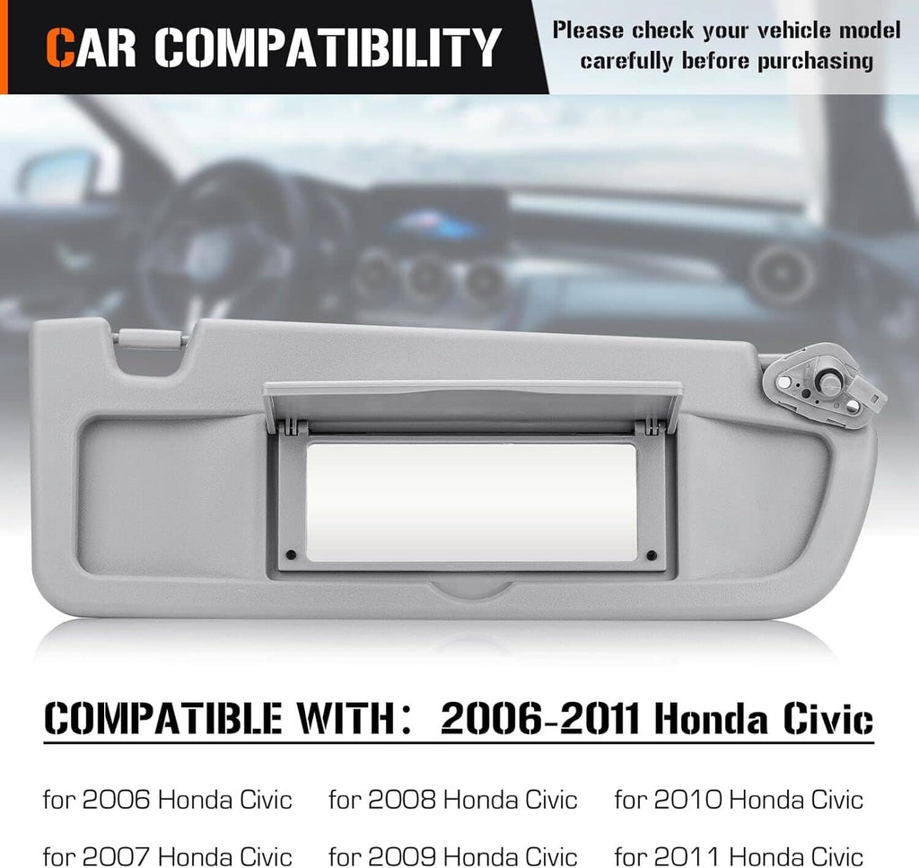 Grey right passenger sun visor with warning label panel and mirror cutout