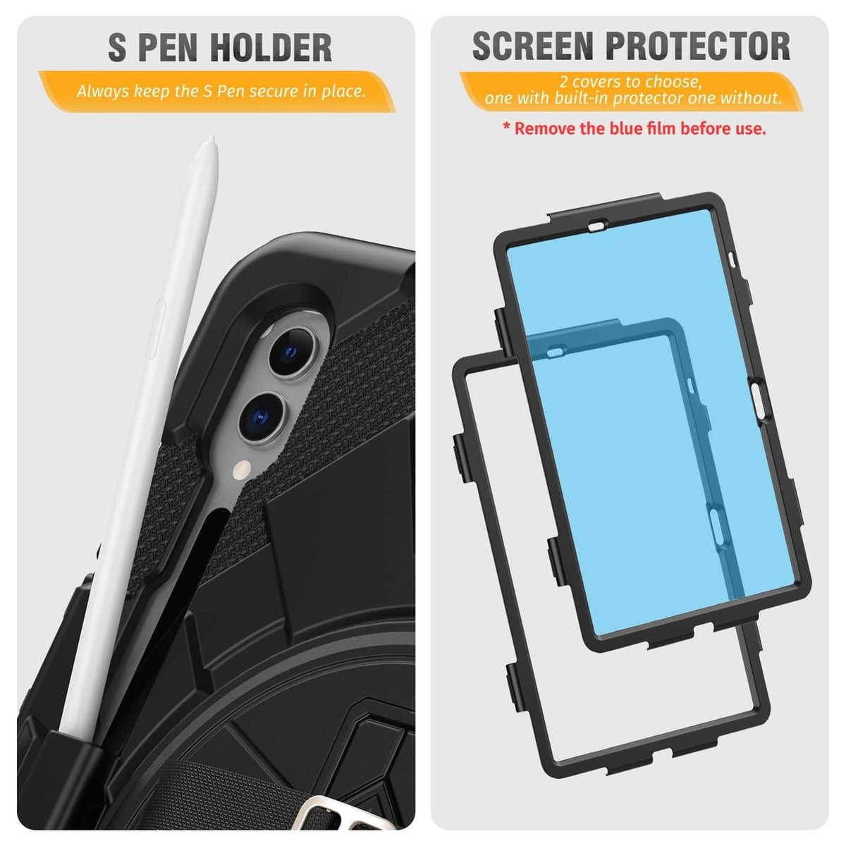 Rugged black tablet case with S Pen holder and detachable screen protector cover