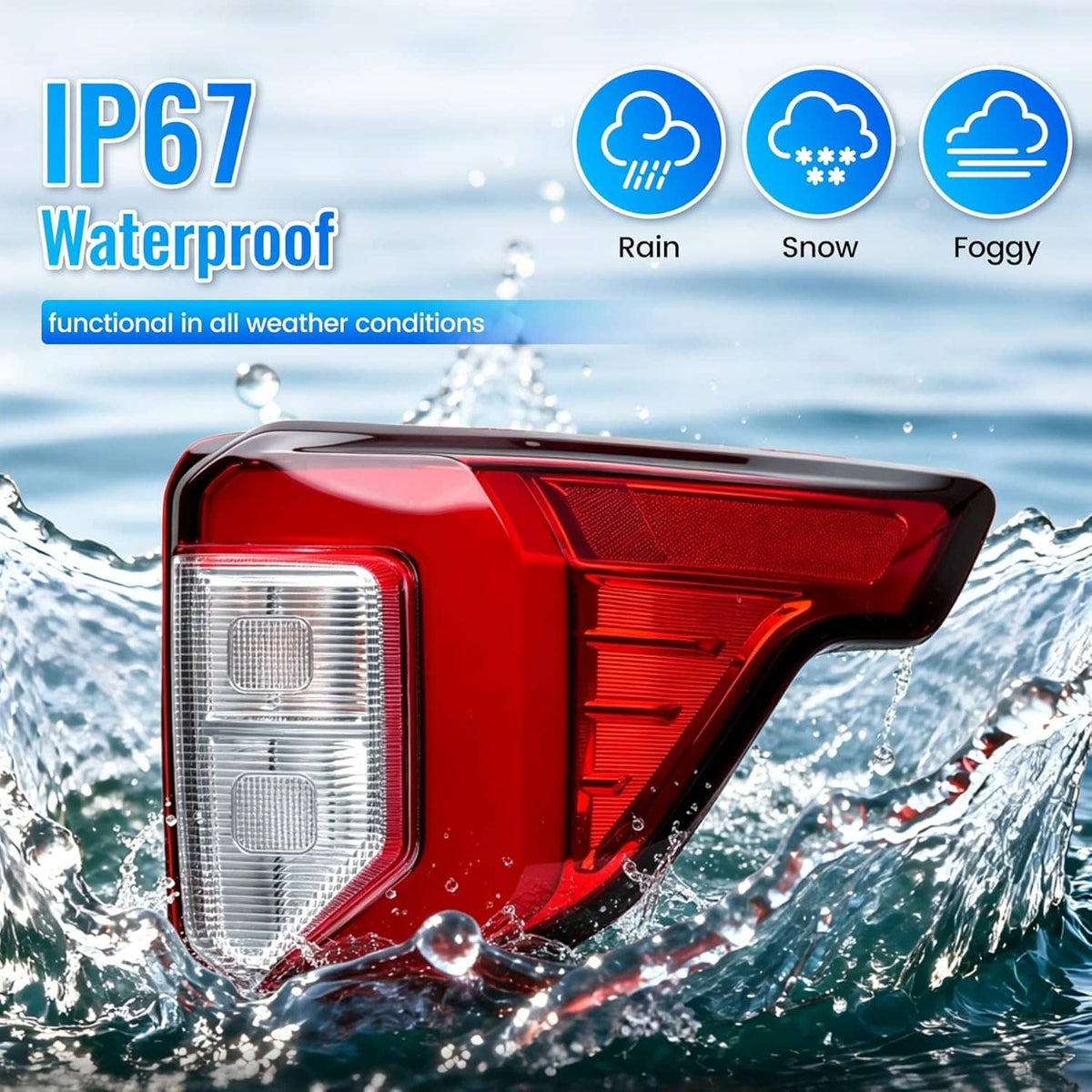 Right-side LED tail light with red lens and clear reflector, wet with water droplets.