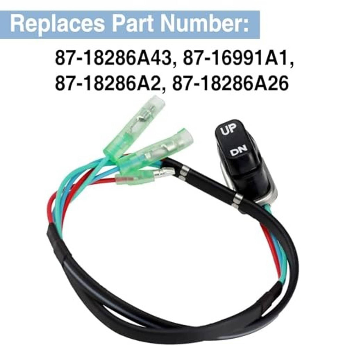 Tilt-trim switch replacement harness with UP/DN rocker and listed compatible part numbers