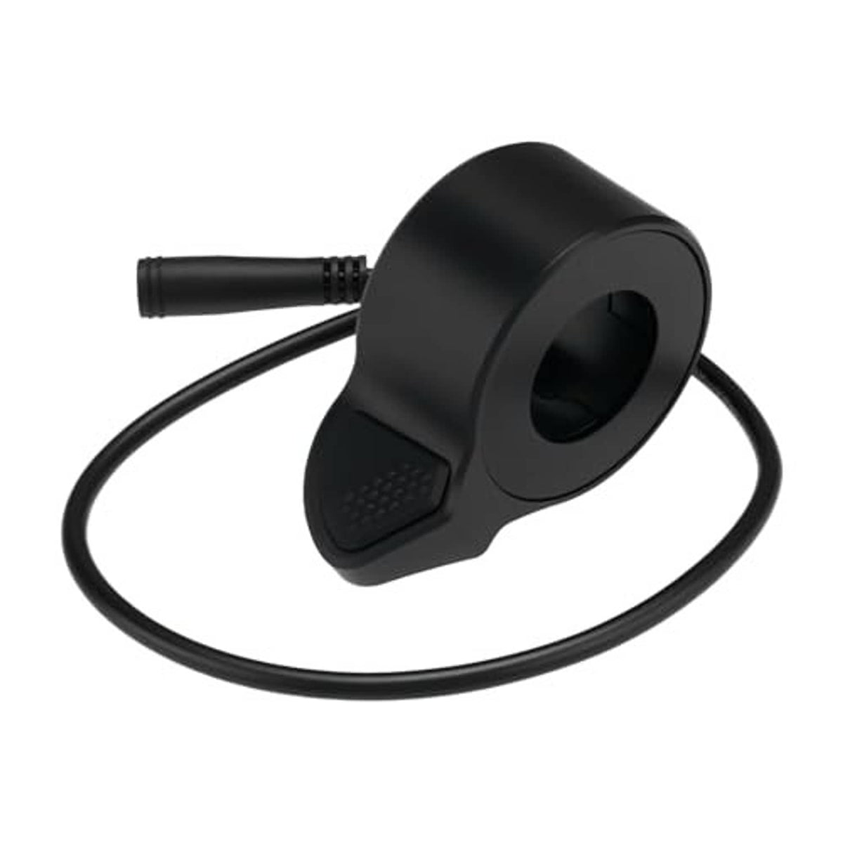 Black thumb-shift speed control throttle with textured thumb pad and attached cable