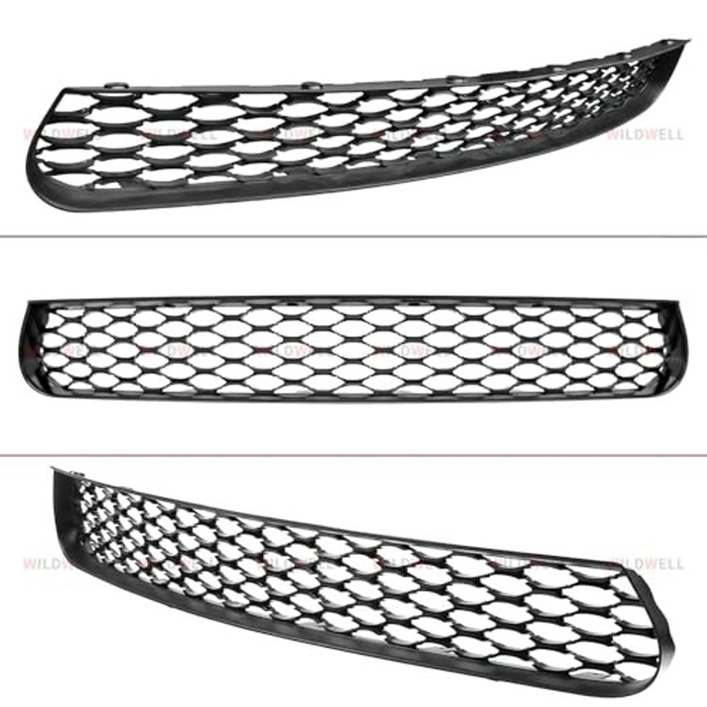 Three angles of black honeycomb front lower grille with circular mesh pattern